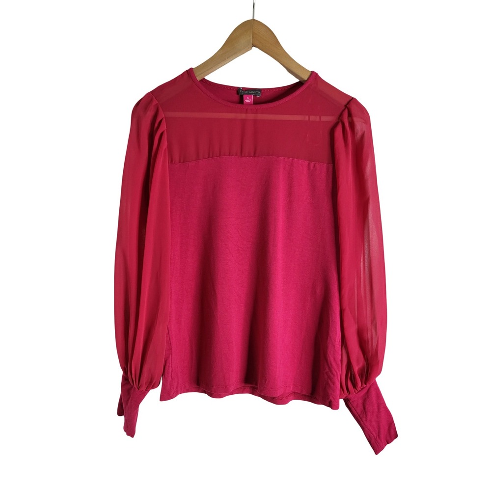 Vince Camuto Pink Sheer Puff Sleeve Mixed Media Blouse Top S Romantic Whimsical